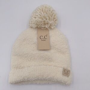 C.C. Baby‎ Ivory Cream Fleece Beanie Toboggan Hat with Pom Cozy Winter Cap
